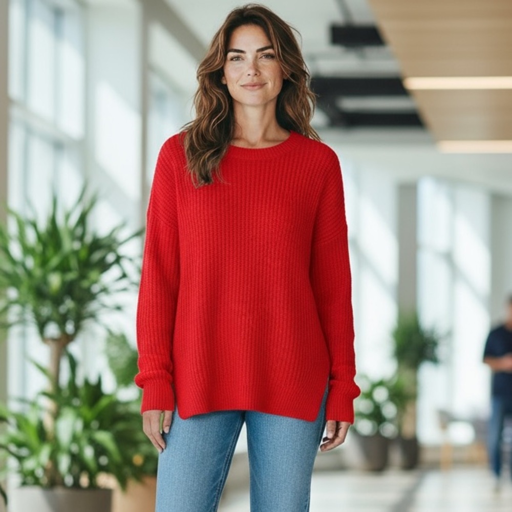 Loft Red Knit Sweater‎ Womens XL Ribbed Scoop Neck Sweater Career Holiday Office
